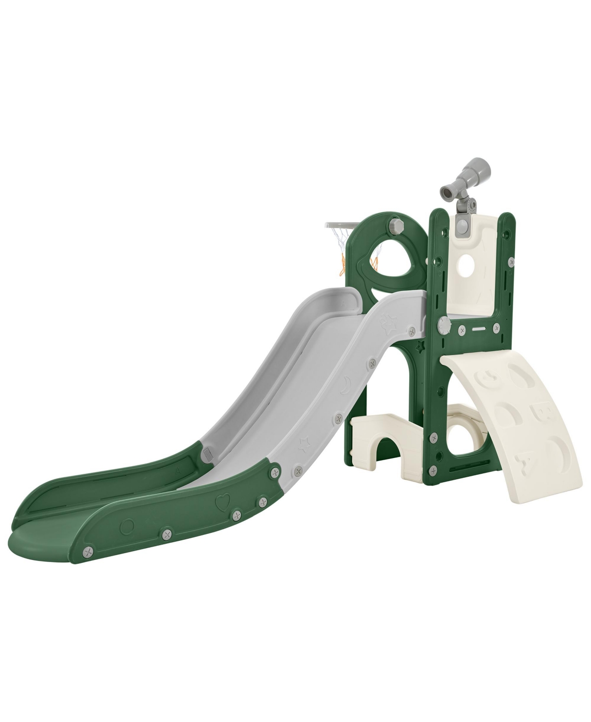Slickblue 5-in-1 Kids Slide Playset Spaceship Structure with Slide, Telescope, Basketball Hoop, and Golf Holes - Perfect for Toddlers and Kids