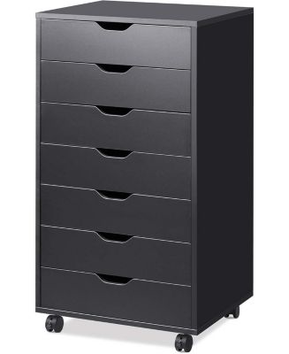 7-Drawer Chest, Wood Storage Dresser Cabinet with Wheels, Black - Macy's