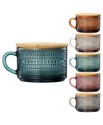 Vintage Glass Coffee Mugs With Handles, Spoons Lid, Set of 6