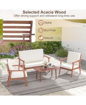 4 Piece Outdoor Acacia Wood Conversation Set with Soft Seat and Back Cushions-White