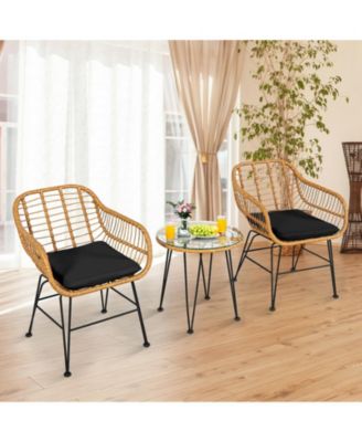 3 Pieces Rattan Furniture Set with Cushioned Chair Table-Black