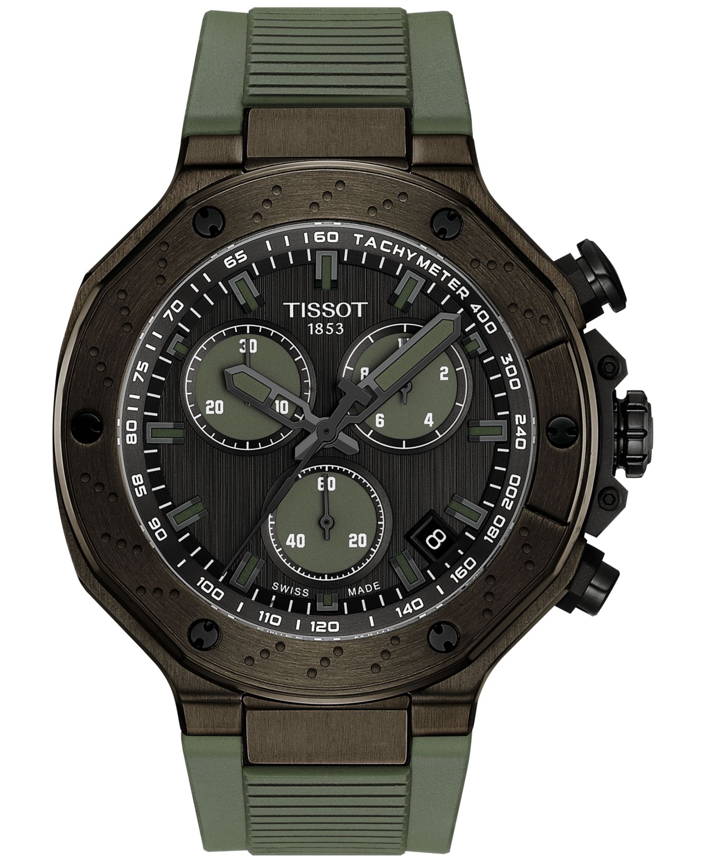 Мужской хронограф Tissot Swiss T-Race с зелёным каучуковым ремешком, 45 мм — фото 1