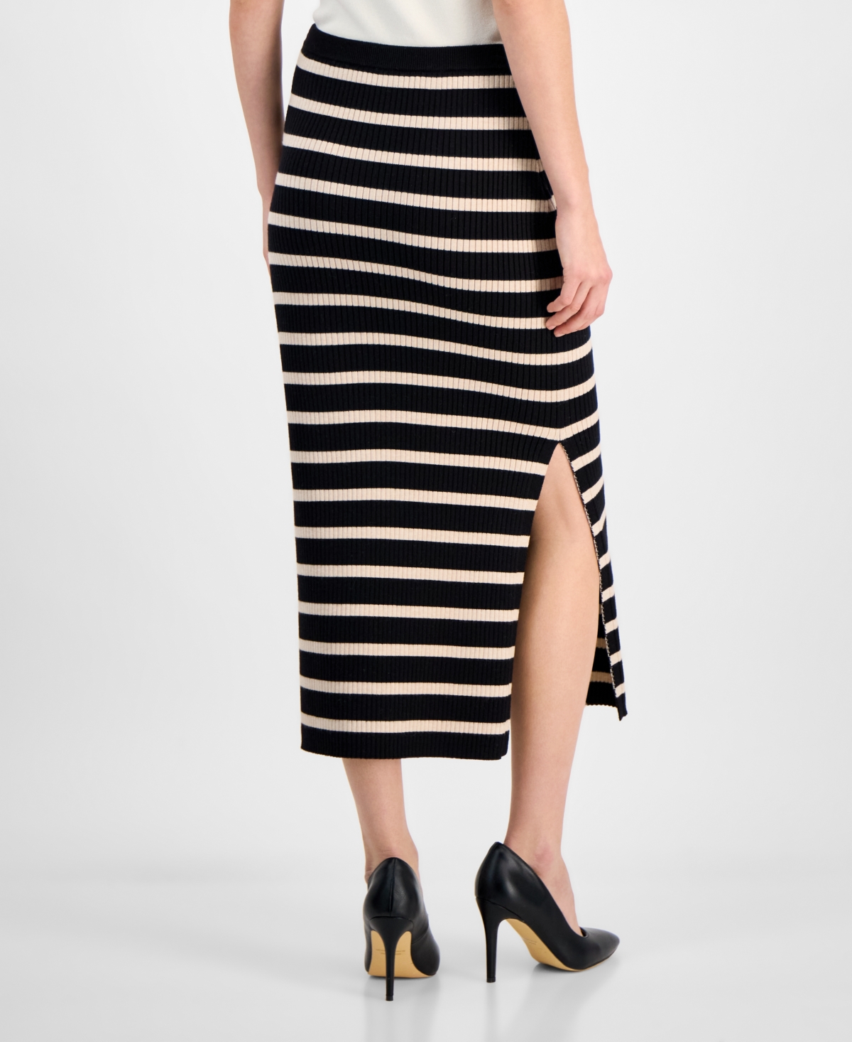 Shop T Tahari Women's Ribbed Striped Bodycon Midi Skirt In Soft Tan Heather