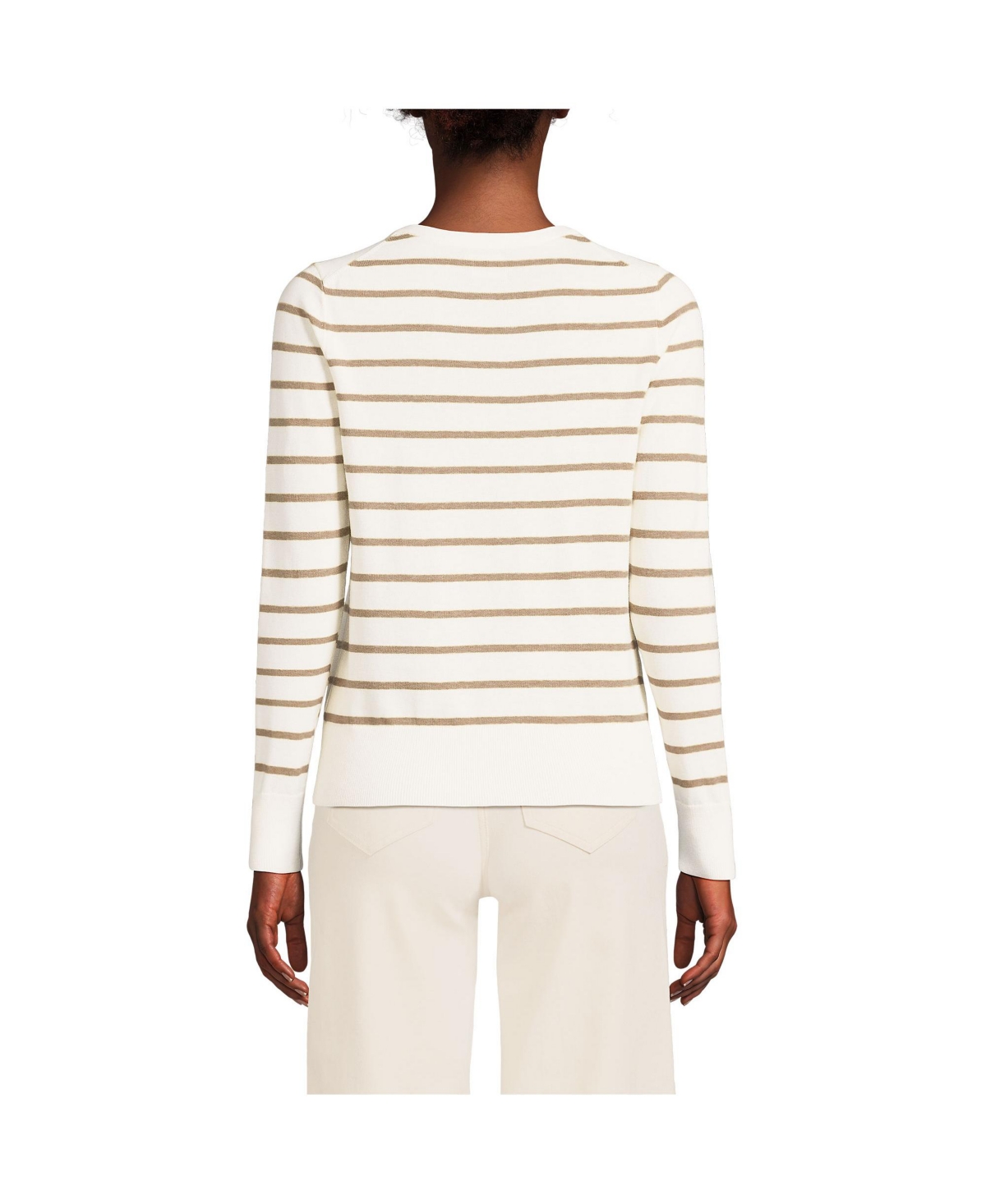 Lands' End Women's Fine Gauge Cotton Cardigan Sweater -pecan wide stripe