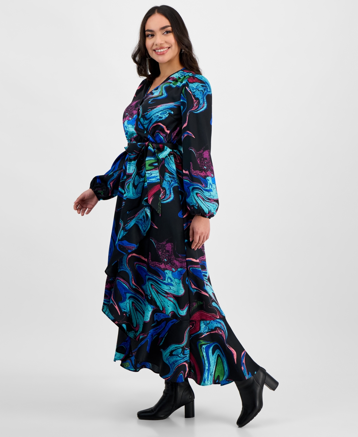 INC INTERNATIONAL CONCEPTS PETITE PRINTED SURPLICE RUFFLED MAXI DRESS, EXCLUSIVELY AT MACY'S 