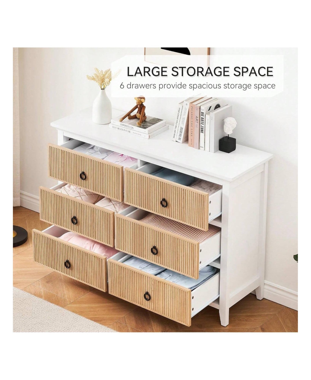 gaomon 6 Drawer Dresser For Bedroom,Waveform Fluted Dresser Chest With Large Drawer, Wooden Chest Of Dresser Storage Cabinet, Fluted Dresser For Bedro