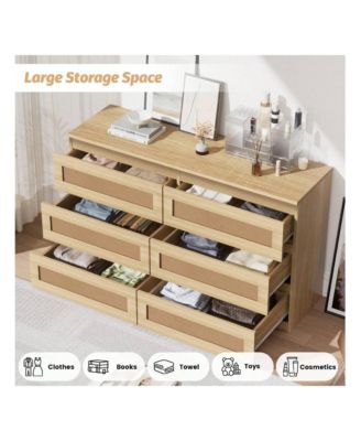 1 Pc Wood & Rattan Dresser 6 Drawers Modern Wide Chest Anti-Tip Kit Bedroom Storage