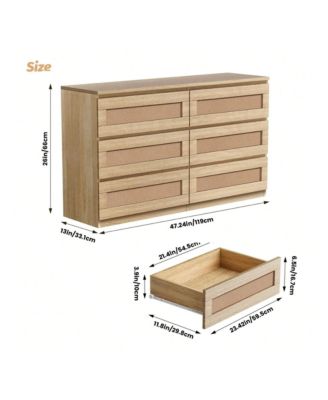 1 Pc Wood & Rattan Dresser 6 Drawers Modern Wide Chest Anti-Tip Kit Bedroom Storage