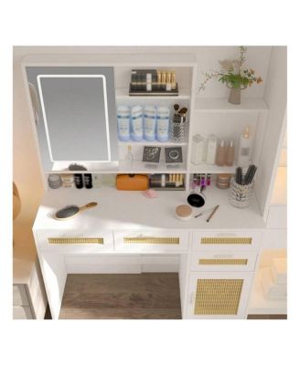 Makeup Vanity With Lights In 3 Colors And Openable Mirror, Vanity Desk With 4 Drawers, 1 Cabinets And Shelves