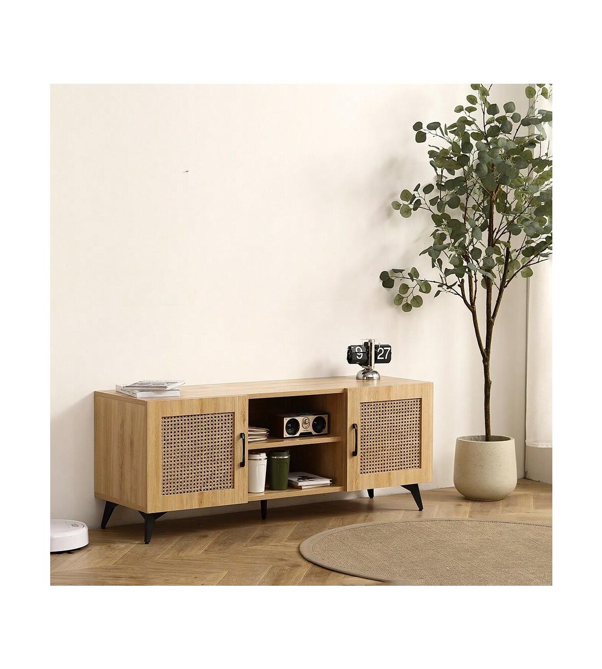 gaomon Tv Stand, Rattan Dresser Tv Stand With 2 Open Shelves And Doors, 2 Storage Spaces Farmhouse Entertainment Console Table For Living Room 51.2x16