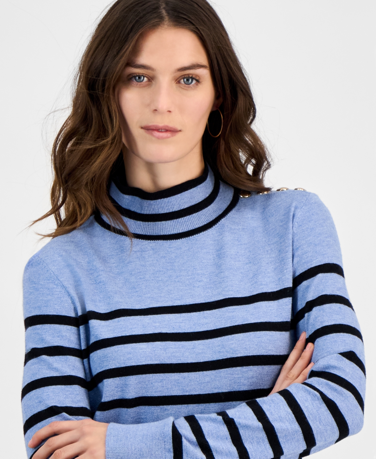 T Tahari Women's Striped Mock-neck Long-sleeve Sweater In Fountain Heather Blue