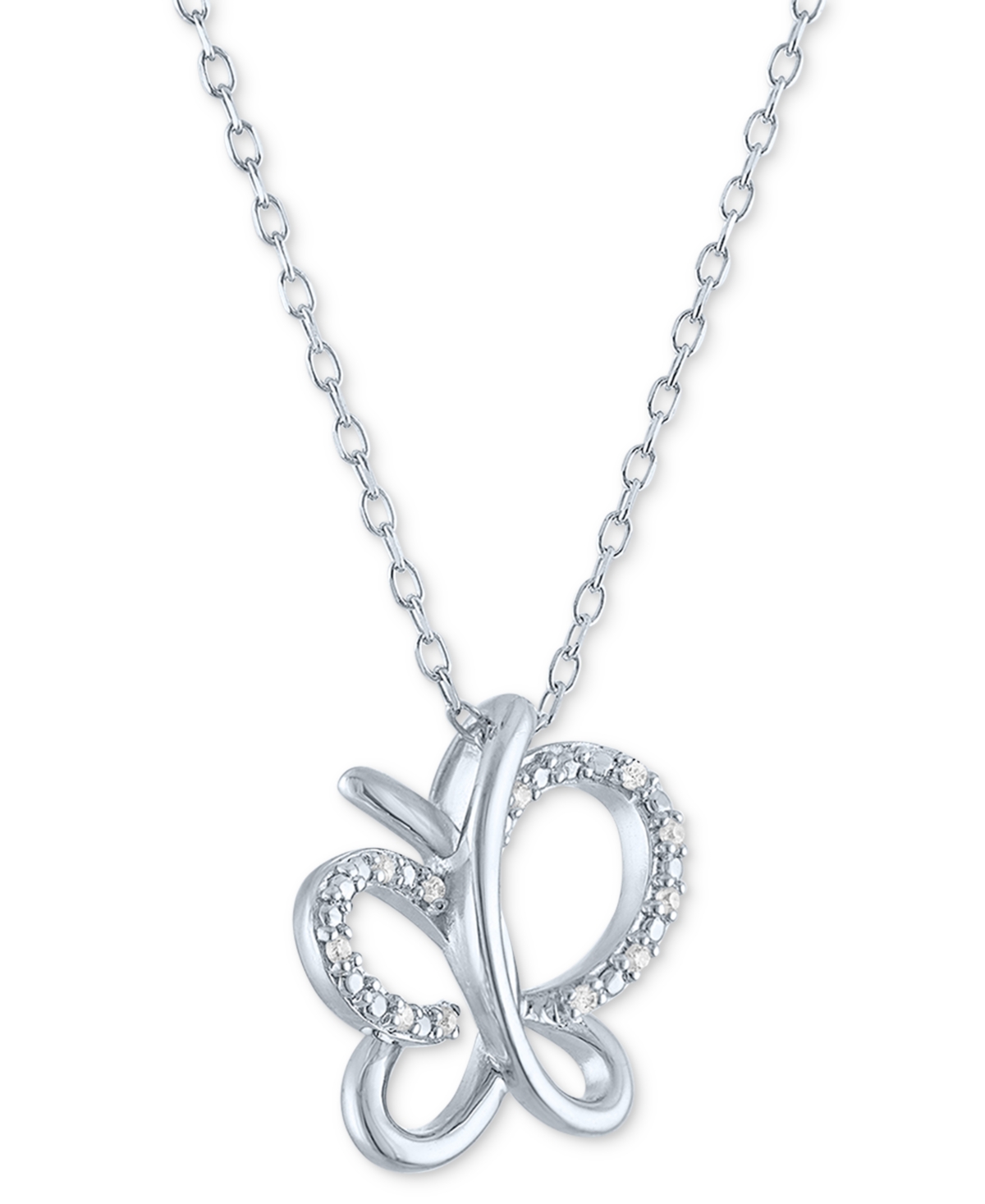 Macy's Diamond Accent Butterfly Pendant Necklace In Sterling Silver, 16" + 2" Extender In Sterling Silver