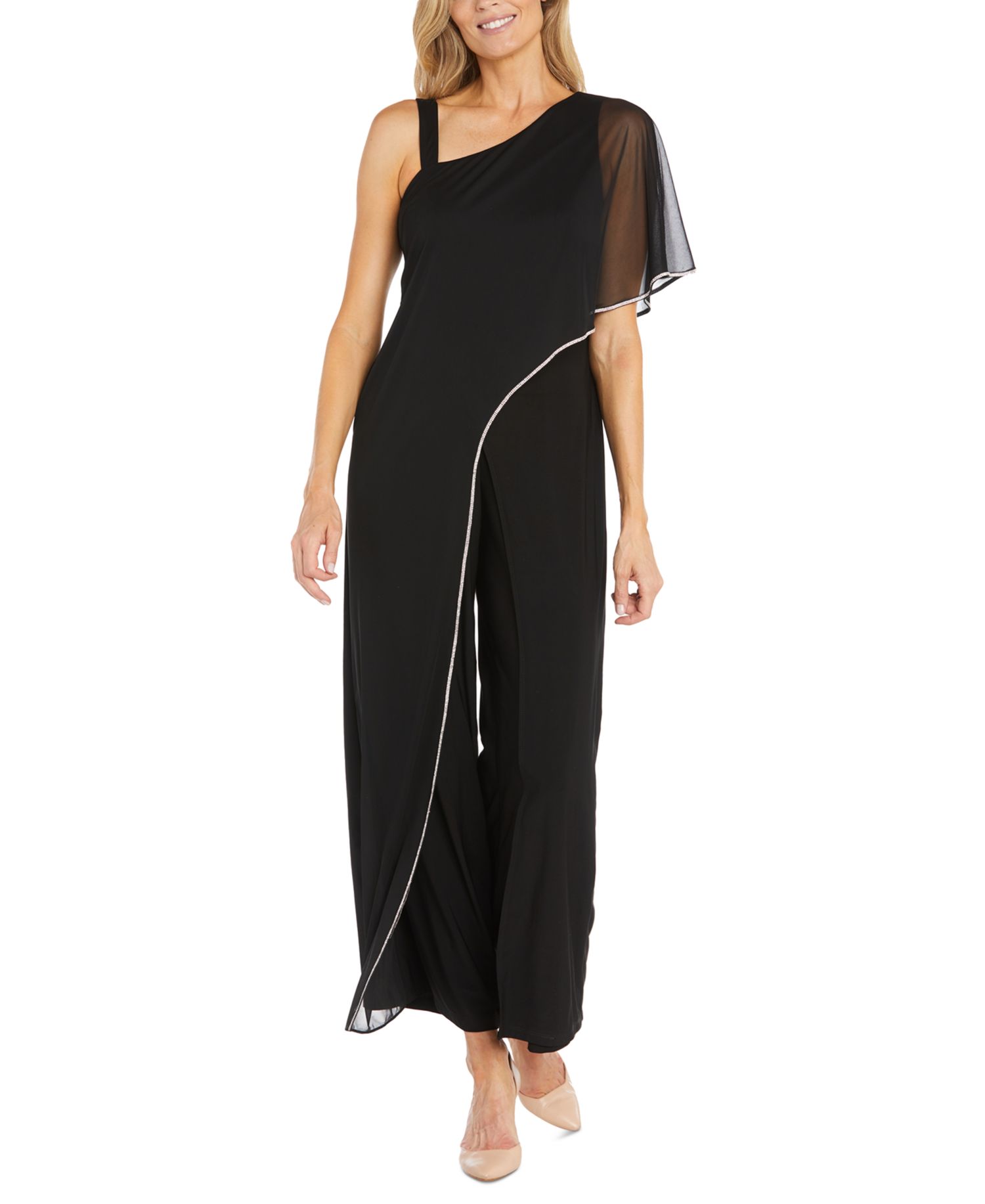 Women's Asymmetric Rhinestone-Trim Draped Jumpsuit
