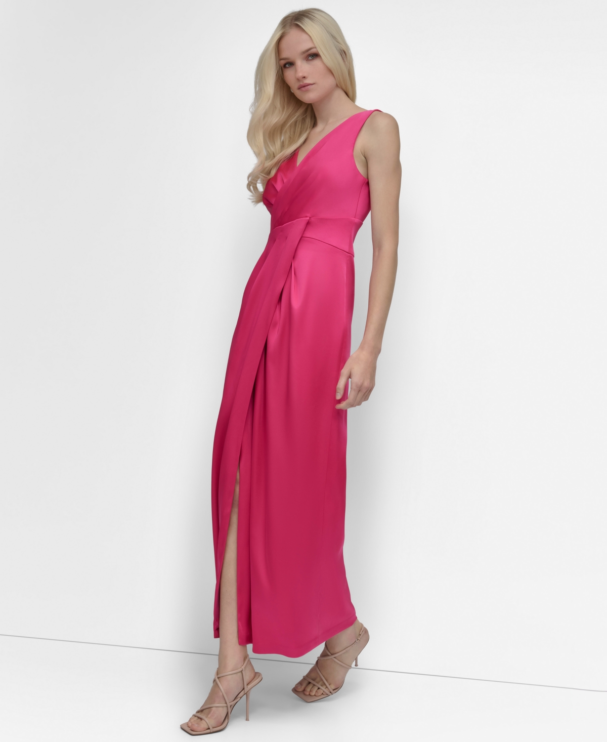 Shop Dkny Women's Surplice-neck Faux-wrap Sleeveless Gown In Pink Peacock