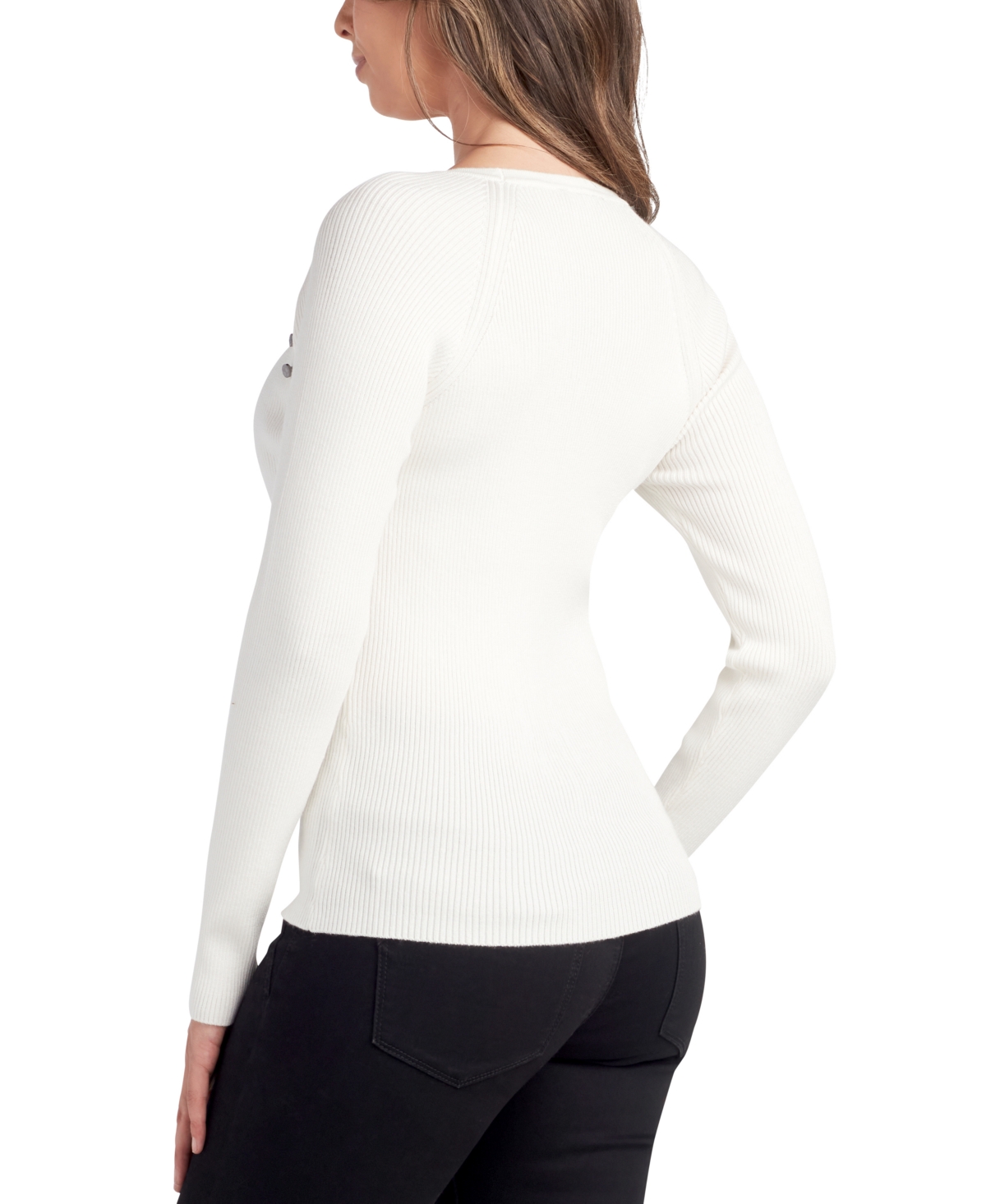 BCX JUNIORS' BUTTON-TRIM CREWNECK SWEATER 