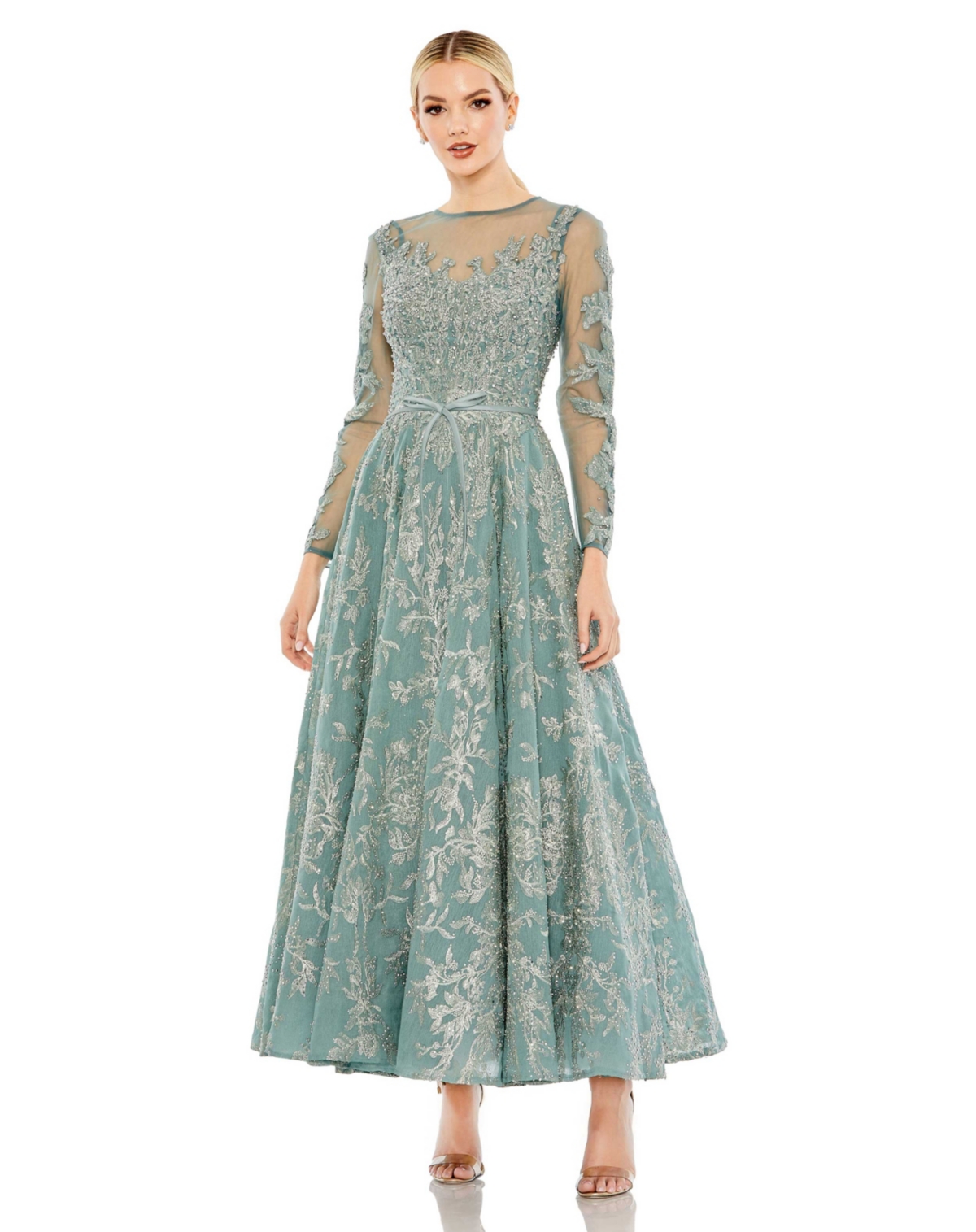 Women's Embellished Bow Belt Illusion Long Sleeve A Line Dress - Jade