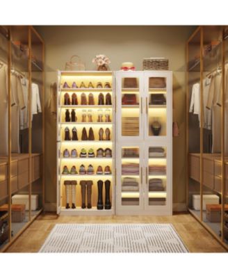 8-Tier Engineered Wood Shoe Organizer Cabinet with Acrylic Doors, LED Lights, Adjustable Shelves & Hooks