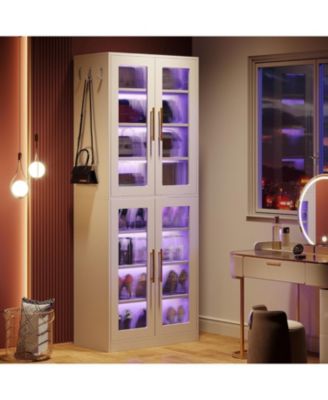 8-Tier Engineered Wood Shoe Organizer Cabinet with Acrylic Doors, LED Lights, Adjustable Shelves & Hooks