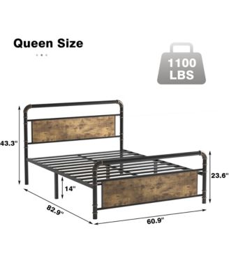 Queen Metal Bed Frame with Wood Headboard & Footboard, Heavy Duty Platform Bed Frame with 14" Under-Bed Storage