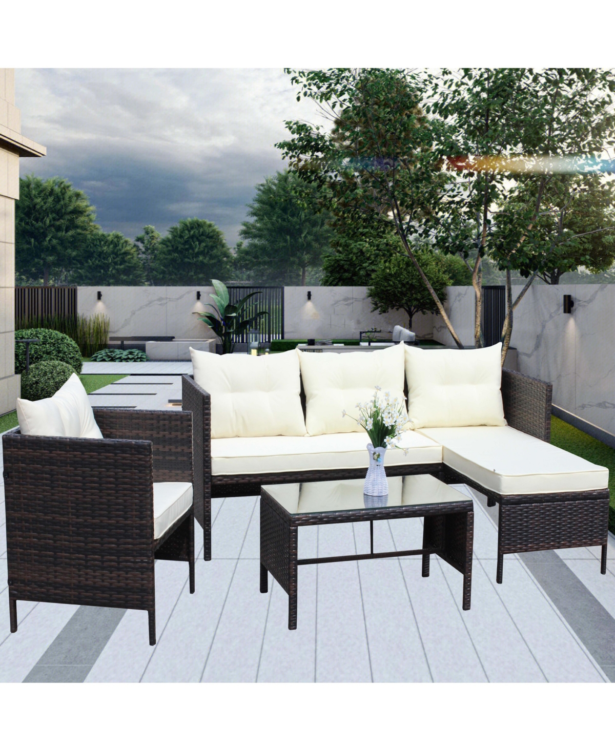 Slickblue 4-Piece Outdoor Patio Furniture Set – Wicker Rattan Sectional Sofa withSeat Cushions - Beige