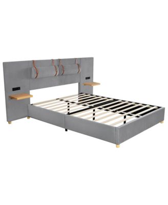 Queen Upholstered Platform Bed with Dual Outlets and USB Charging Ports on Each Side