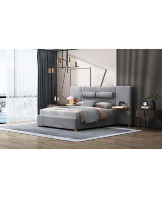 Queen Upholstered Platform Bed with Dual Outlets and USB Charging Ports on Each Side
