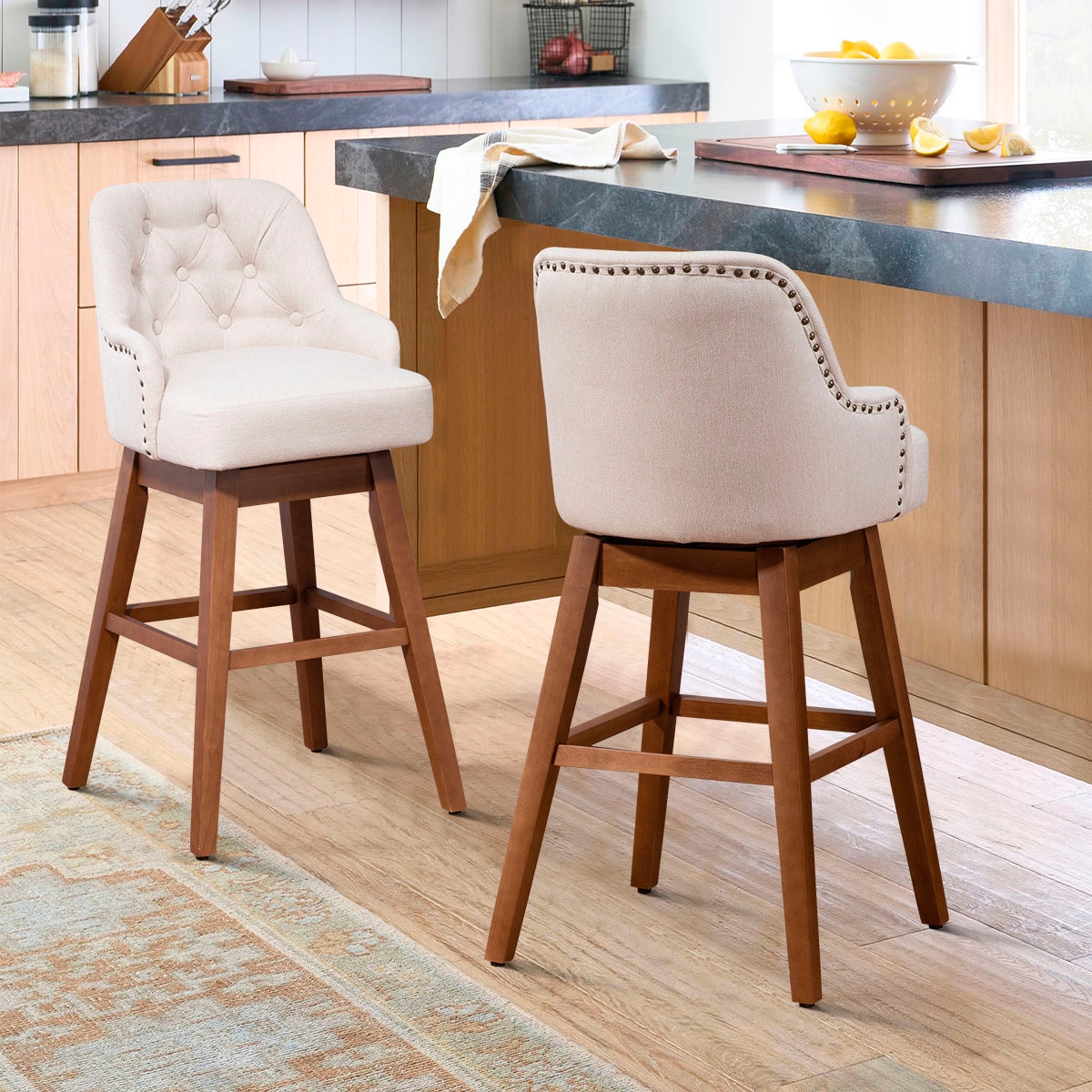 The Pop Home Set of 2 Modern 360° Swivel Bar Stools,Solid Wood & Linen Bar Chairs for Kitchen Island-The Pop Home