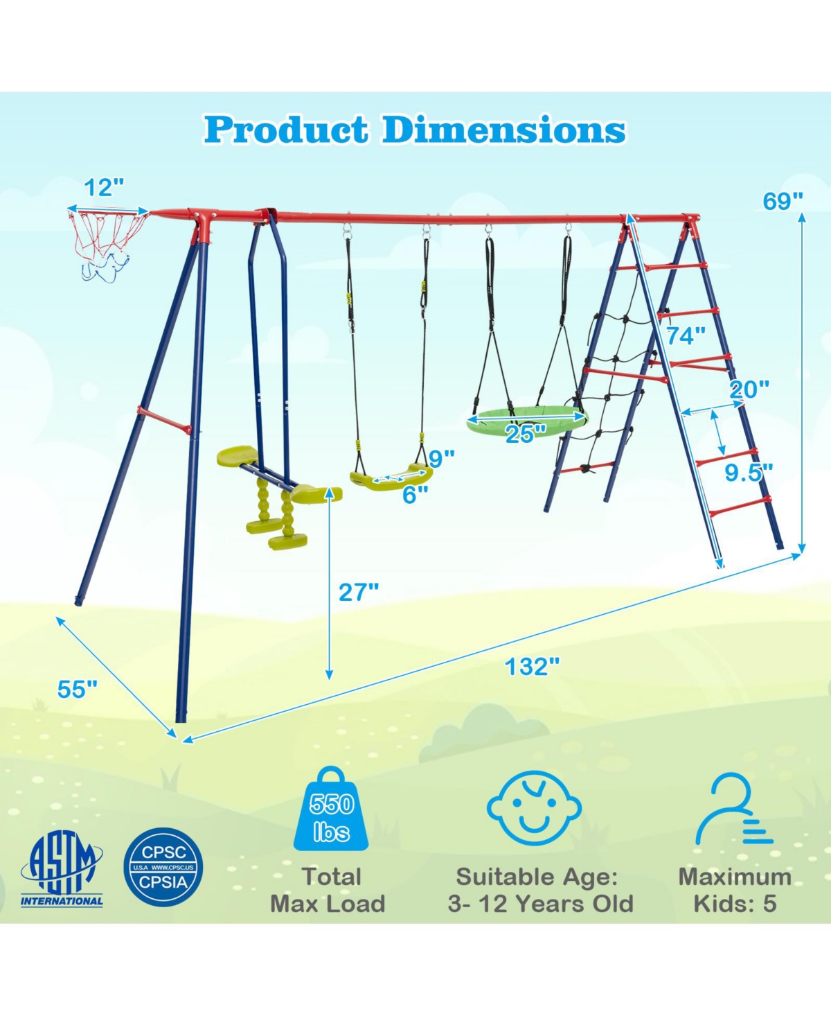 Hongge 550 Lbs 6-in-1 Patio Kids Swing Set with Climbing Net and Ladder