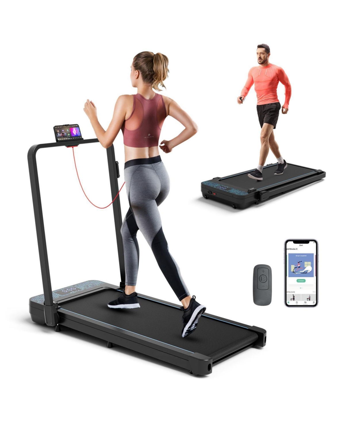 2-in-1 Folding Treadmill with 300 Lbs Capacity, Remote Control, and Shock Absorption - Black