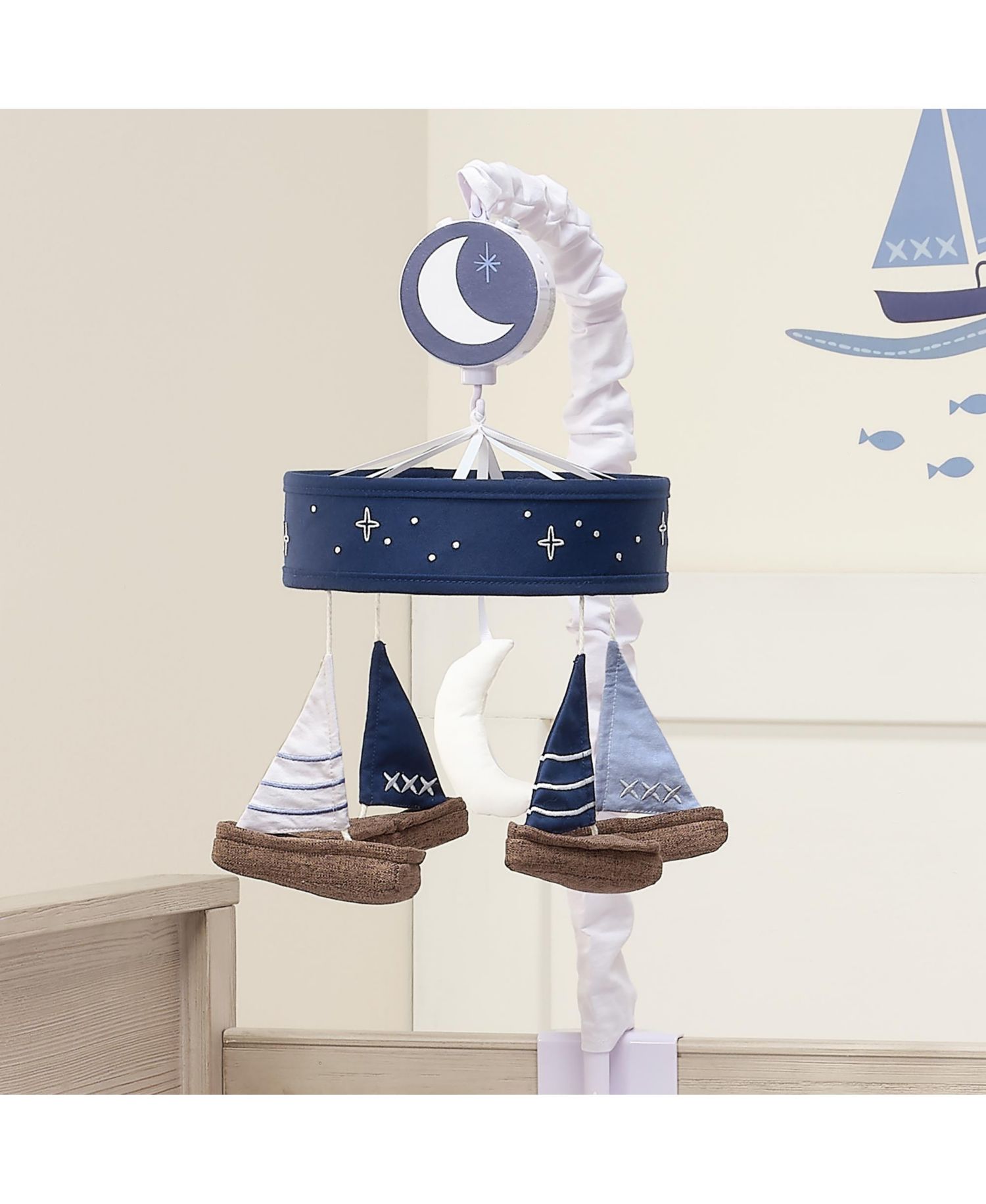Lambs and Ivy Little Skipper Sailboat and Moon Musical Baby Crib Mobile Soother Toy