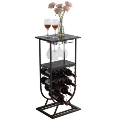Freestanding Floor Wine Rack Console Table with Glass Holder, Wine Holder Stand for 9 Bottles, Pewter/Marble