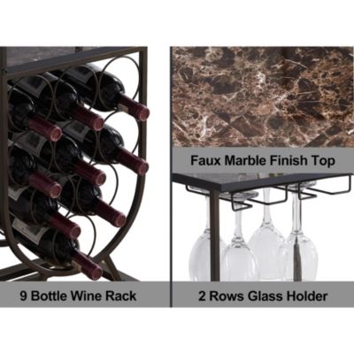 Freestanding Floor Wine Rack Console Table with Glass Holder, Wine Holder Stand for 9 Bottles, Pewter/Marble