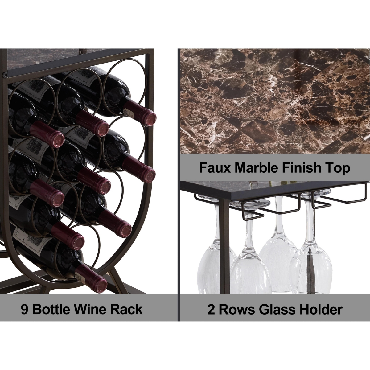 Kings Brand Furniture Freestanding Floor Wine Rack Console Table with Glass Holder, Wine Holder Stand for 9 Bottles, Pewter/Marble