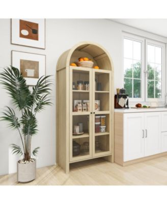 70.28" Tall Arched Kitchen Pantry, Modern Farmhouse Wood Kitchen Storage Cabinets ,Arched Storage Display Cabinet ,Natural