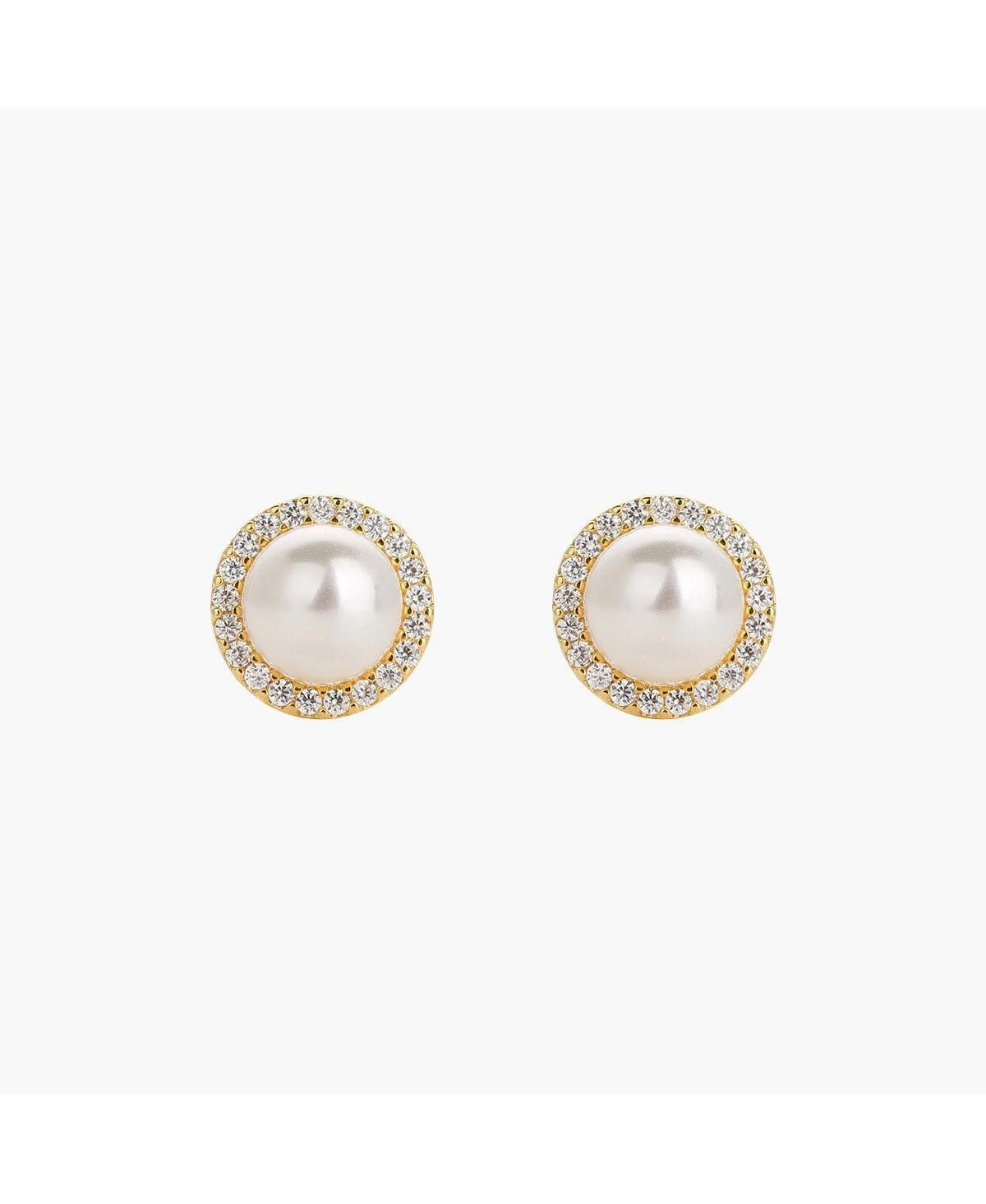 Sterling Silver 18k Gold Plated Eleanor Cultured Pearl Stud Earrings - Gold