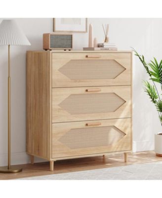 rustic oak spacious rattan wood dresser with 3 drawers – modern bedroom chest