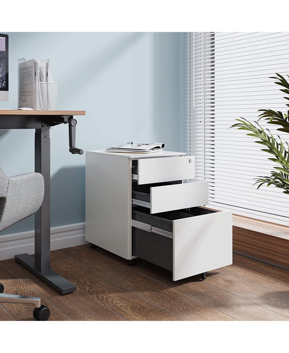 Devaise Locking File Cabinet, 3 Drawer Rolling Pedestal Under Desk Office, Fully Assembled Except Casters,- White