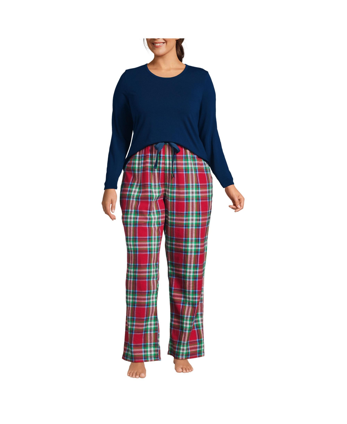 Lands' End Plus Size Pajama Set Knit Long Sleeve T-Shirt and Flannel Pants