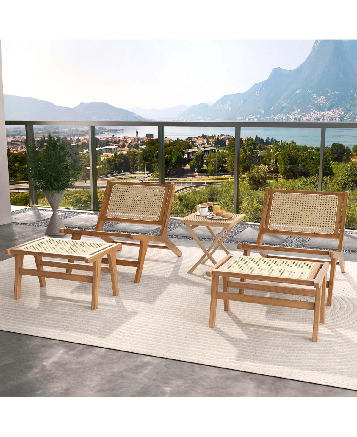 Costway Mid Century Modern Accent Chair with Ottoman Teak Wooden Frame Farmhouse