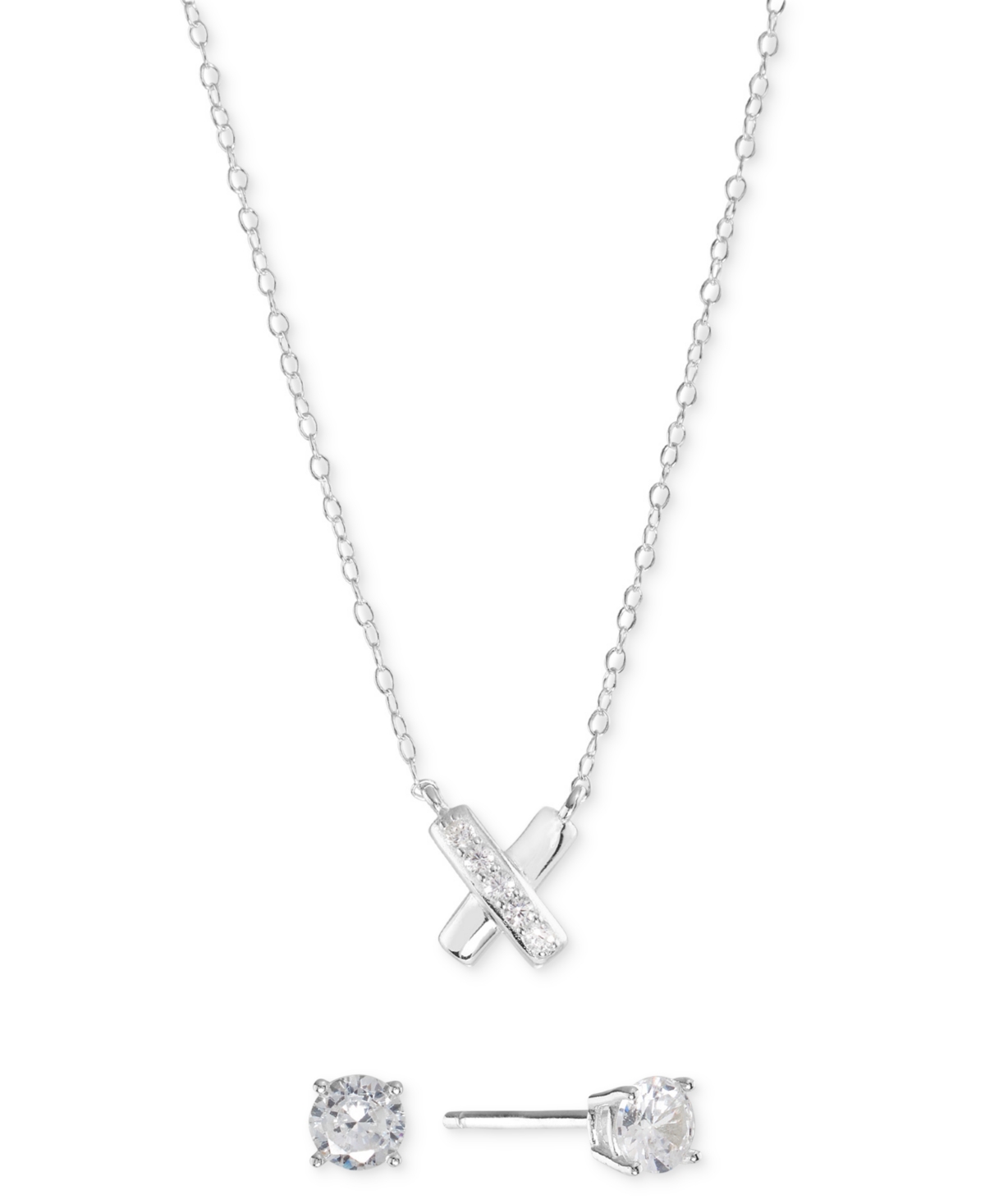 Macy's 2-pc Set Cubic Zirconia X Pendant Necklace & Solitaire Stud Earrings In Sterling Silver (also Availa In Silver