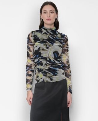 Draped Mock Neck Long Sleeve Ruched Detail Buckle Accent Top