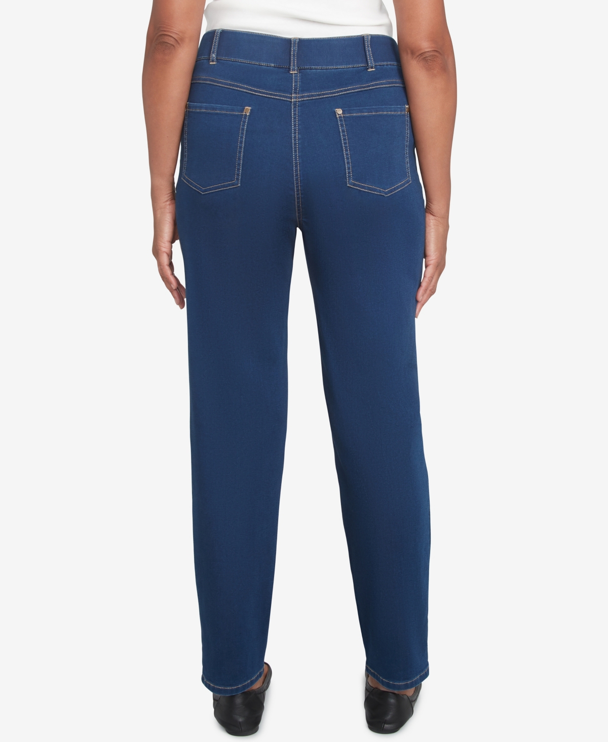 Alfred Dunner Petite Harvest Moon Super Stretch Elastic Faux Fly Denim Short Length Pants In Dark Indigo