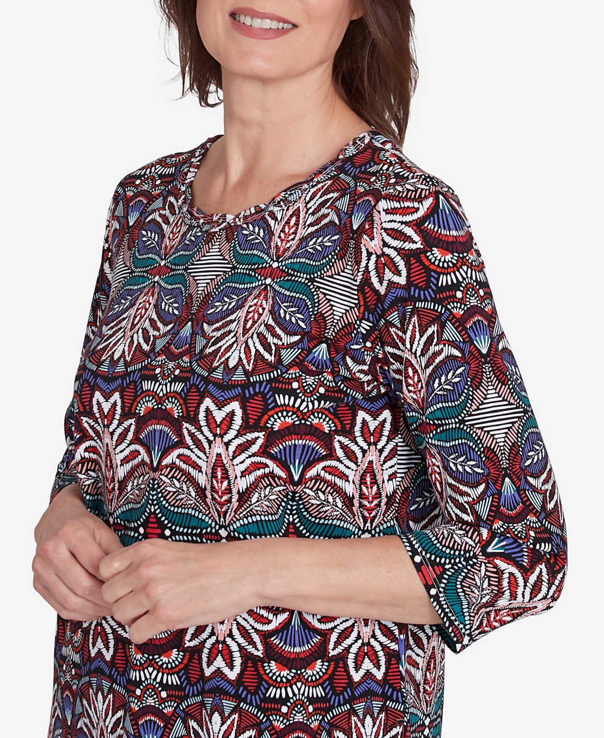Alfred Dunner Petite Key Items Abstract Leaf Print Three Quarter Sleeve Top In Multi