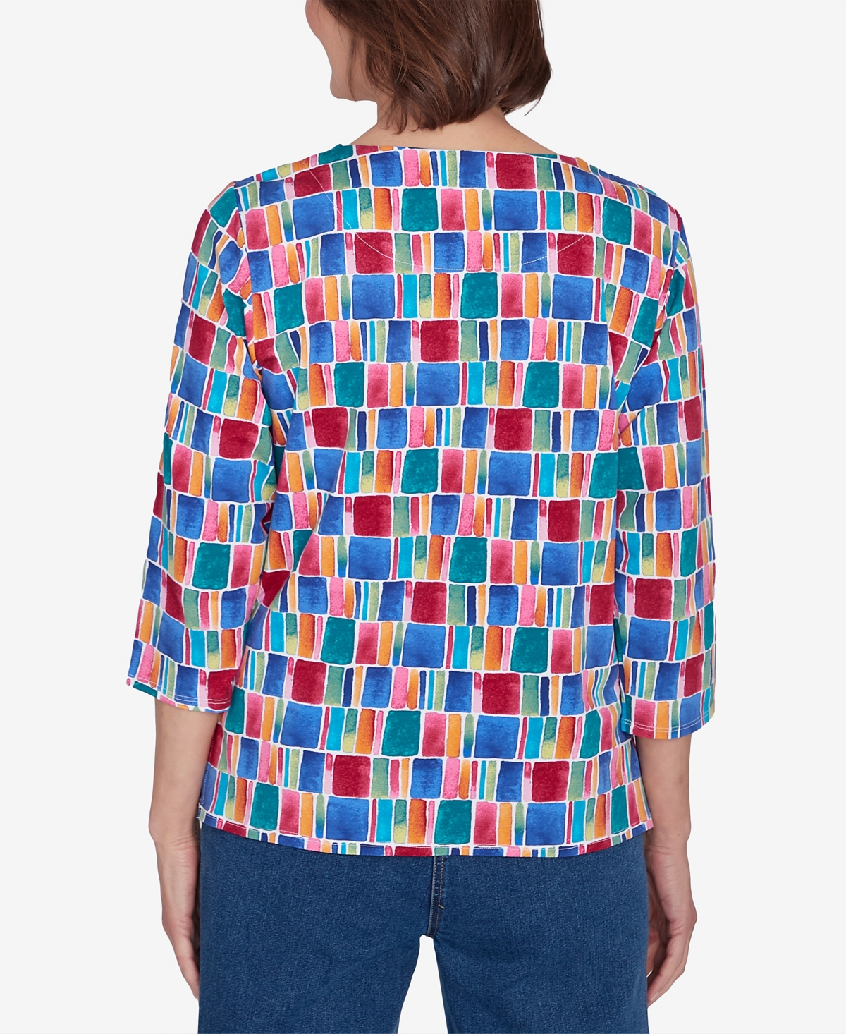 Alfred Dunner Petite Key Items Box Print Short Sleeve Top In Multi