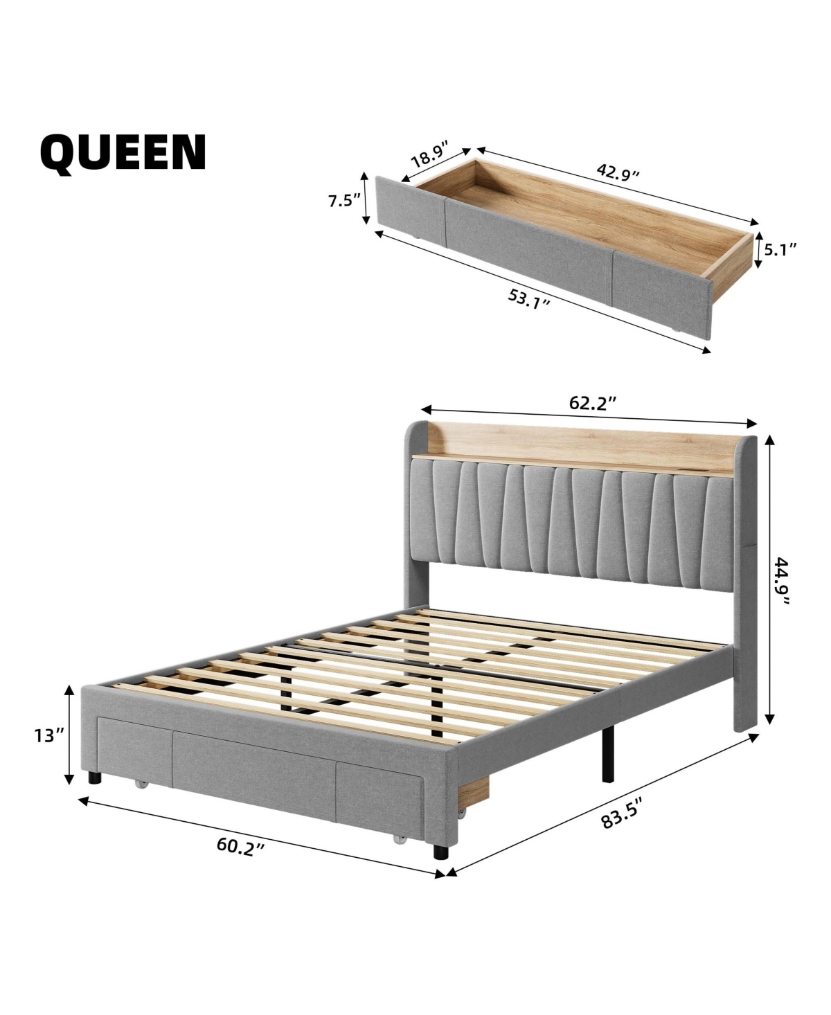 gaomon Full Size Bed Frame with 2 Storage Drawers, Upholstered Mattress Foundation with Storage Headboard and Charging Station -pastel Grey