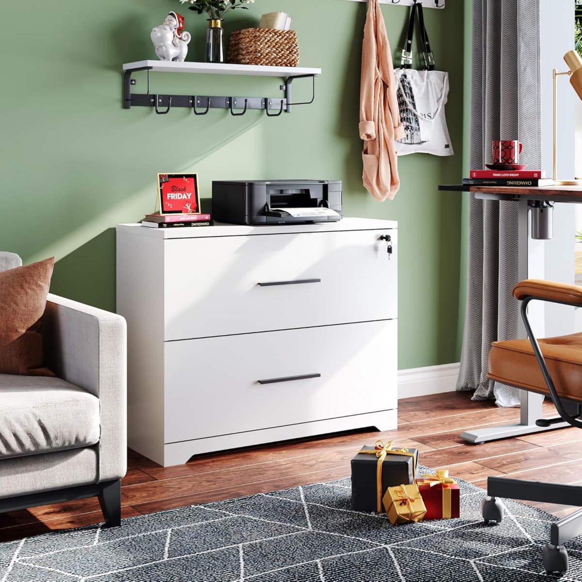 2-Drawer Wood Lateral File Cabinet with Lock for Home Office, White