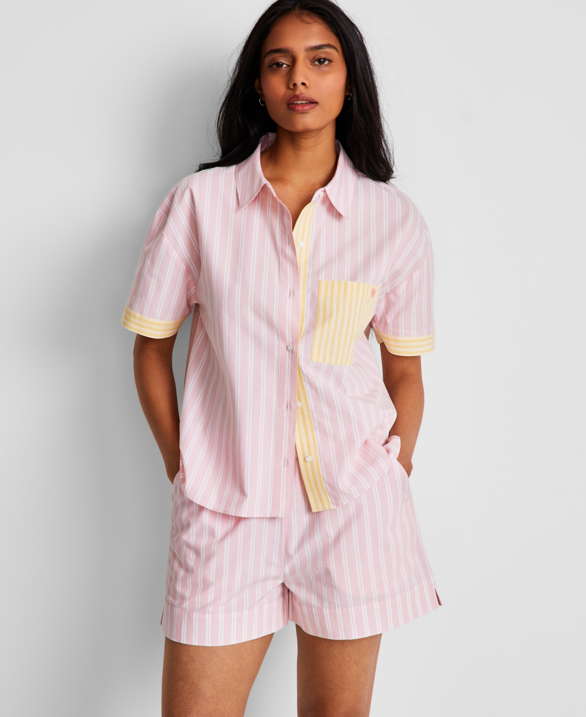 State Of Day Women's Colorblocked Striped Boxer Pajama Set, Exclusively At Macy's In Parfait Pink