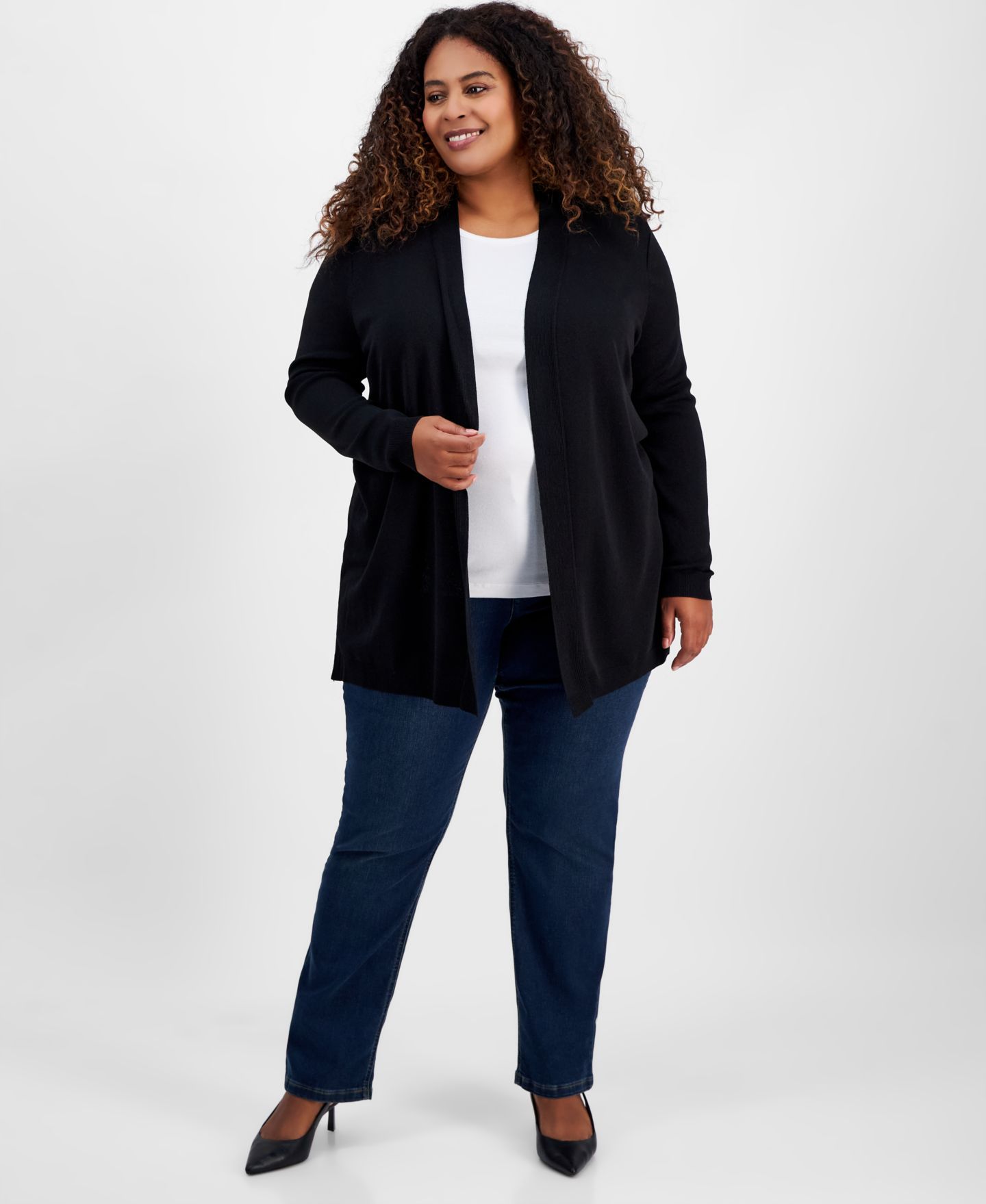 Женский кардиган Jones New York Plus Size Open-Front Cardigan, цвет: Чёрный — фото 2