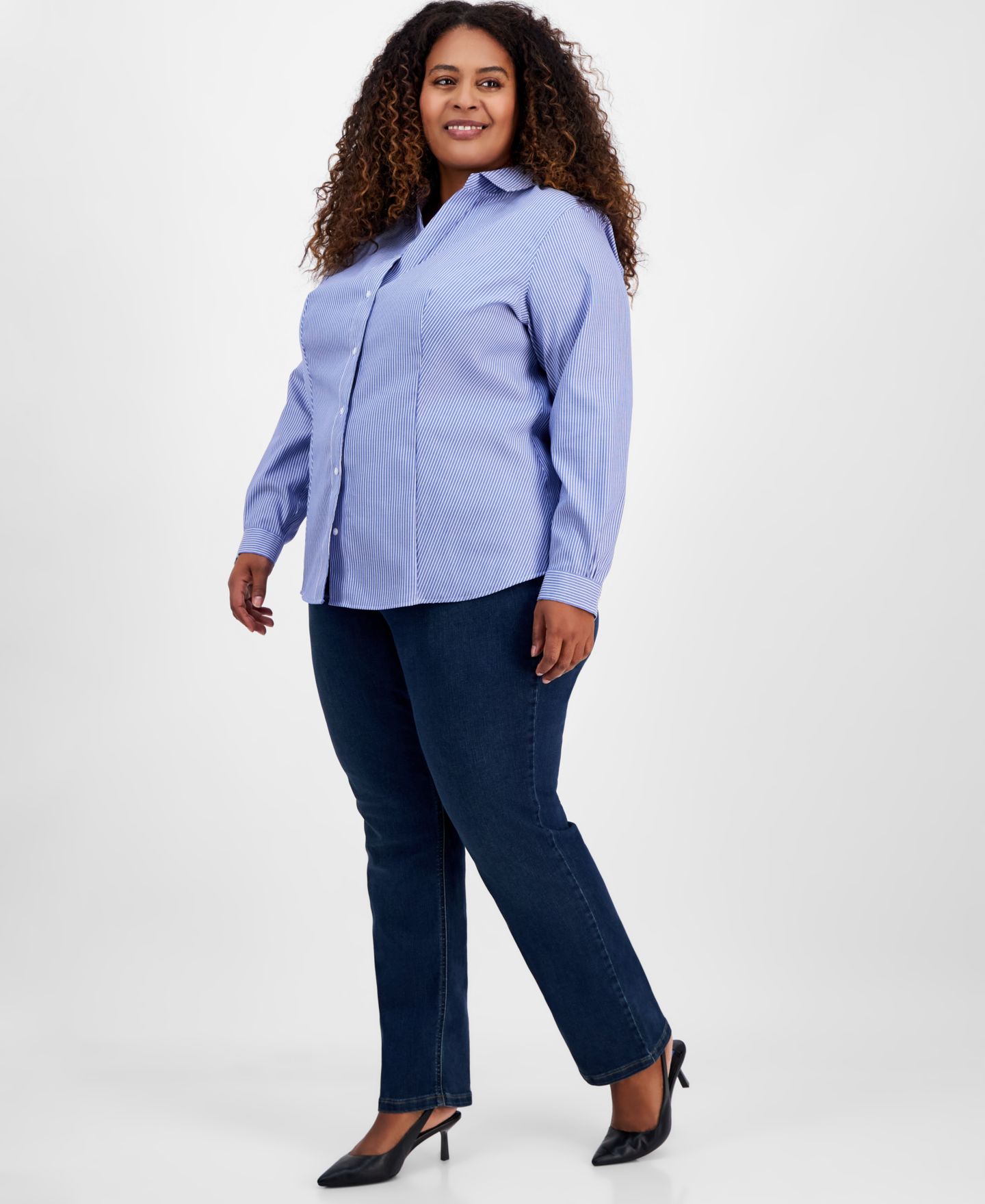 Женская рубашка Jones New York Plus Size Cotton Striped Button-Front, цвет: Синий / Белый — фото 2