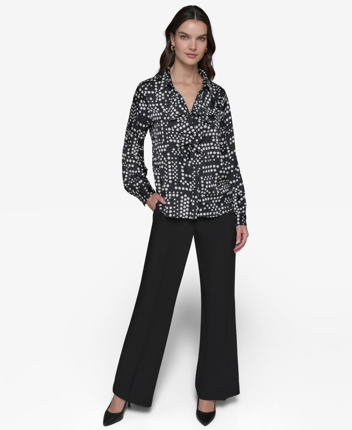 Shop Karl Lagerfeld Women's Ruffled Dot-print Blouse In Black,soft White Multi